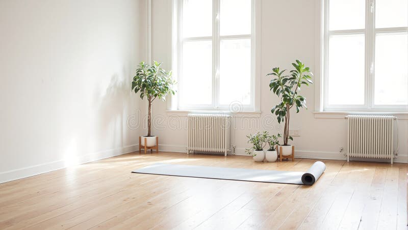 Spokojny minimalistyczny studio jogi naturalne podłogi drewniane pojedyncze joga matowe rośliny zielone w ceramicznych garnkach se royalty ilustracja