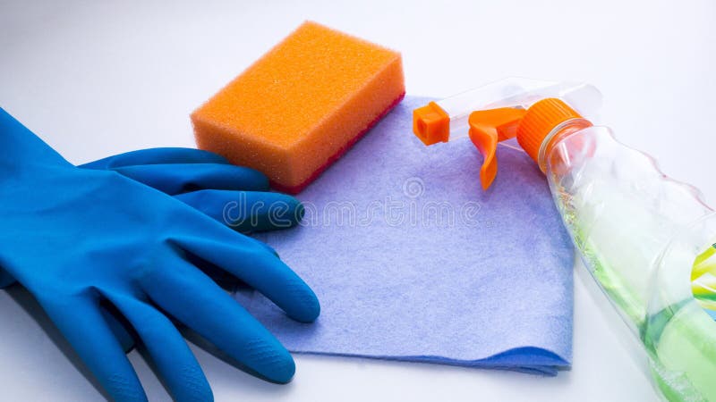 Sponge, rag, gloves, product. Seasonal cleaning, window cleaning. stock images Sponge, rag, gloves, product. Seasonal cleaning, window cleaning. stock images