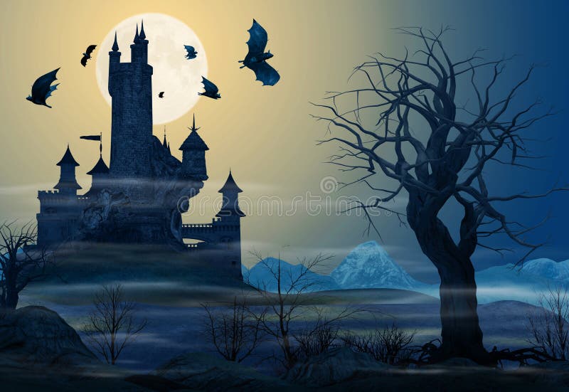 Spooky Castle Illuminated against a Full Moon