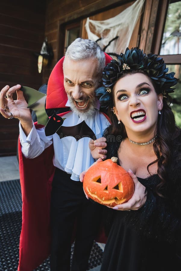 Spooky Couple in Halloween Vampires Costumes Stock Image - Image of ...