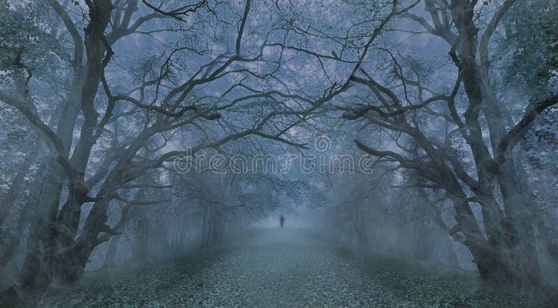 Spooky Halloween forest at night ghostly figure