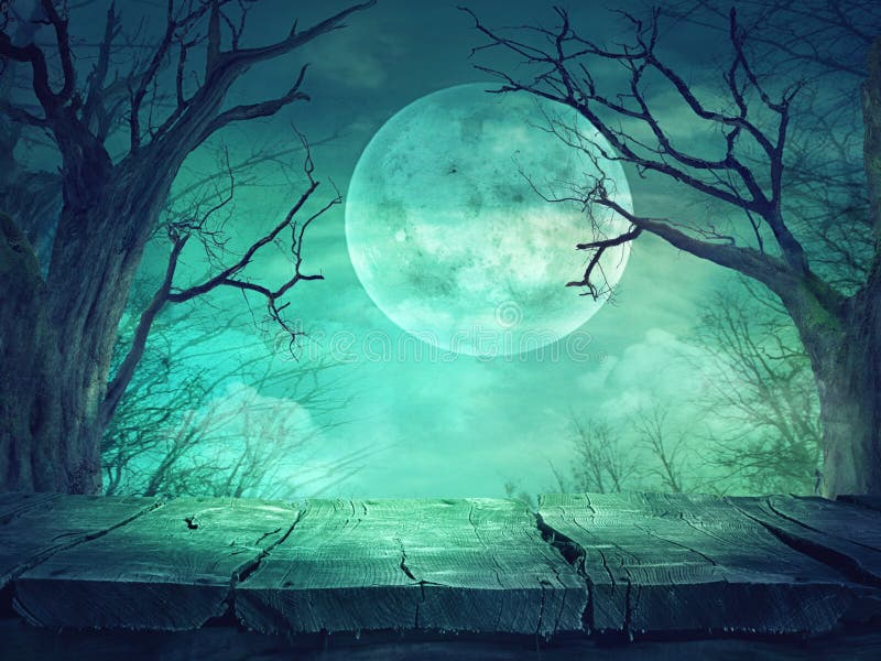 Spooky forest with full moon and wooden table stock illustration