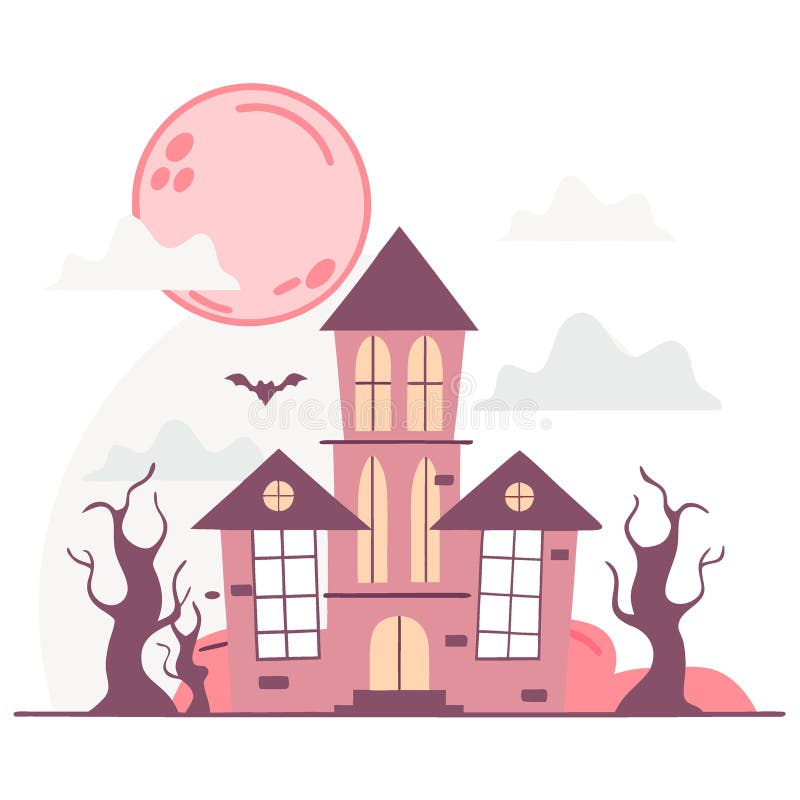 A spooky. gothic mansion covered in eerie pink fog under a full pink moon. royalty free illustration
