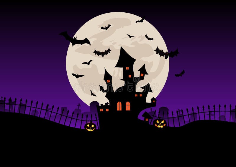 Spooky Halloween background with castle in moonlit landscape vector illustration