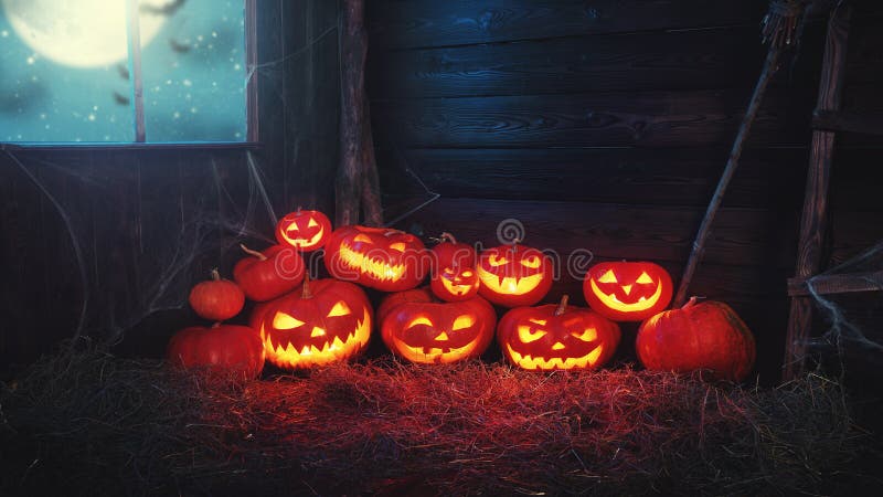 Spooky halloween background. scary pumpkin with burning eyes and