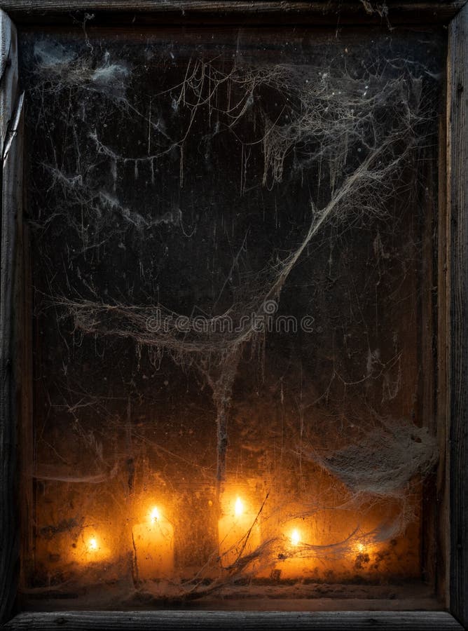 Spooky Halloween background. Scary card with old cobweb and burning candles in the dark