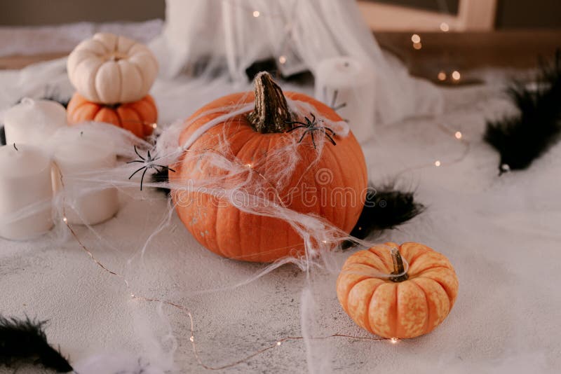 oriëntatie beklimmen Voortdurende Spooky Halloween Decoratie Met Verschillende Pompoenen, Licht, Spinnen Halloween  Tafelversiering Stock Foto - Image of grappig, gravure: 158980008