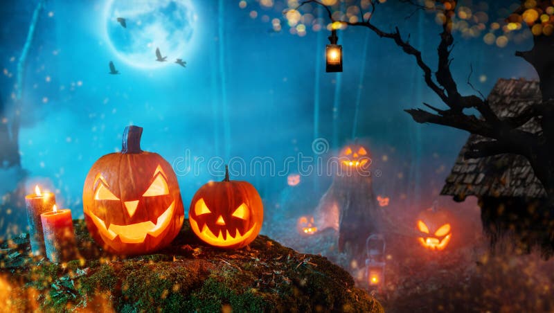 Spooky halloween pumpkins in dark mistery forest. Scary halloween background with free space for text.