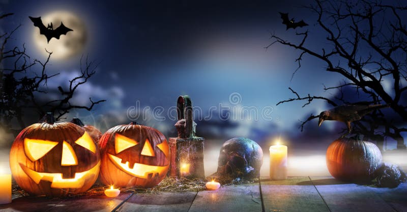 Spooky Halloween Pumpkins On Wooden Planks Stock Photo - Image of ...