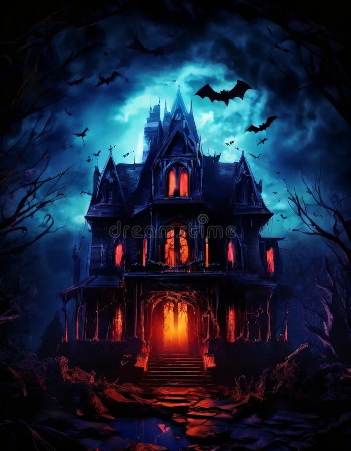Spooky haunted mansion with bats under moonlit sky stock image