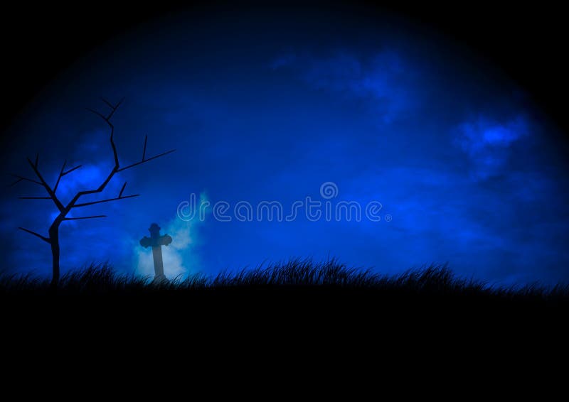 A spooky headstone and tree are sillhouetted against a stormy blue sk