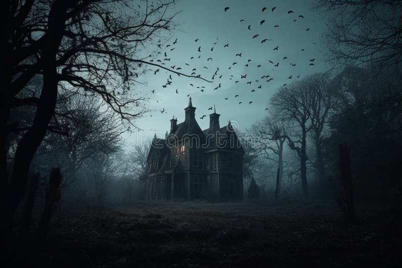 Dark Haunted House Under the Full Moon with Bats and Scary Atmosphere ...