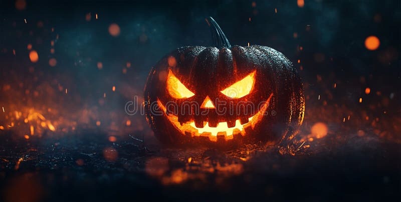 Spooky Jack-o-lantern glows ominously amidst floating embers in the dark of night stock images