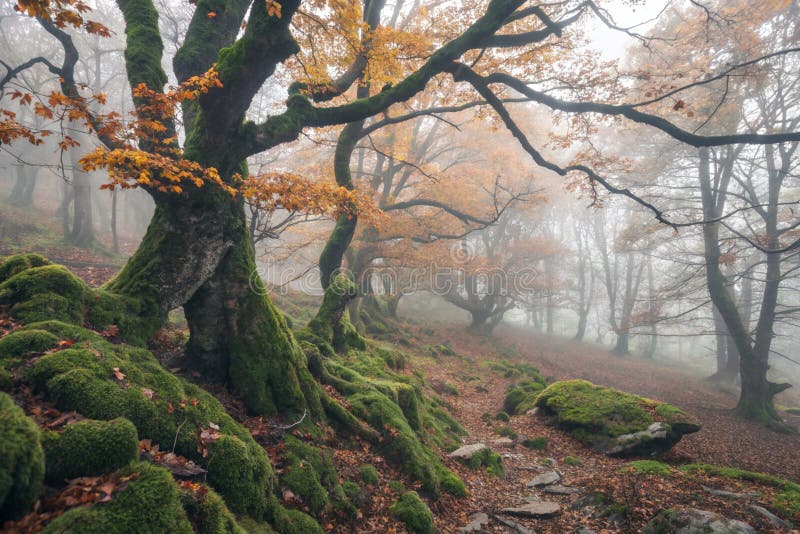 Spooky Misty Autumn Mossy Forest vektor abbildung