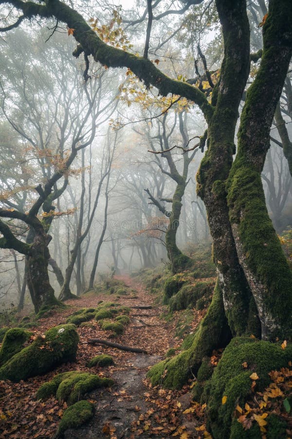Spooky Misty Autumn Mossy Forest lizenzfreie abbildung