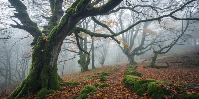 Spooky Misty Autumn Mossy Forest lizenzfreie abbildung