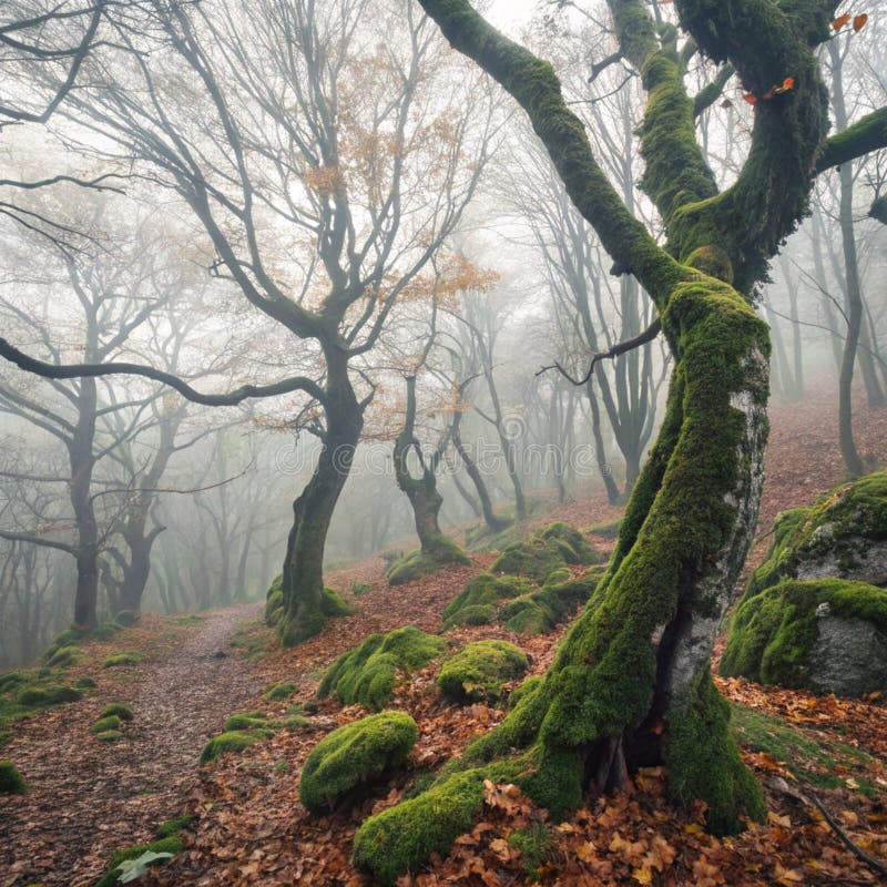 Spooky Misty Autumn Mossy Forest stock abbildung
