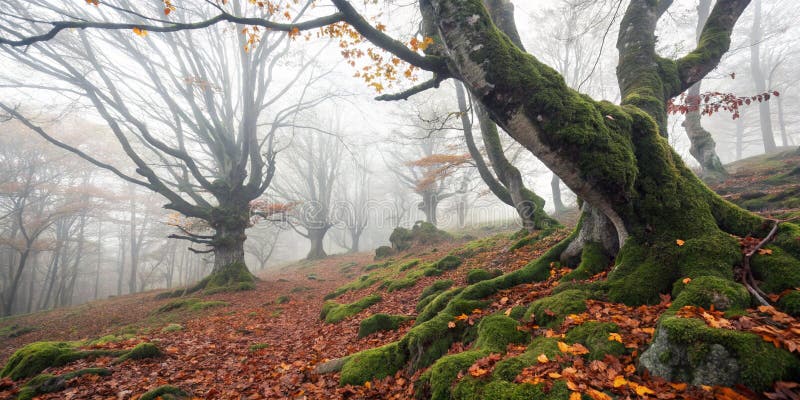 Spooky Misty Autumn Mossy Forest vektor abbildung
