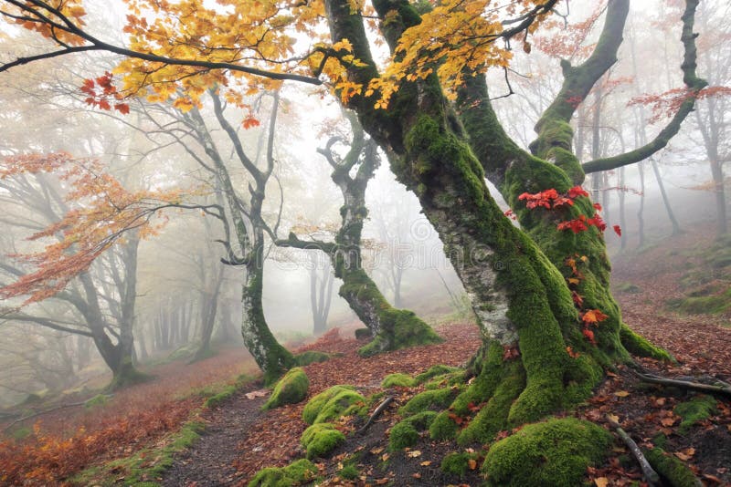Spooky Misty Autumn Mossy Forest lizenzfreie abbildung
