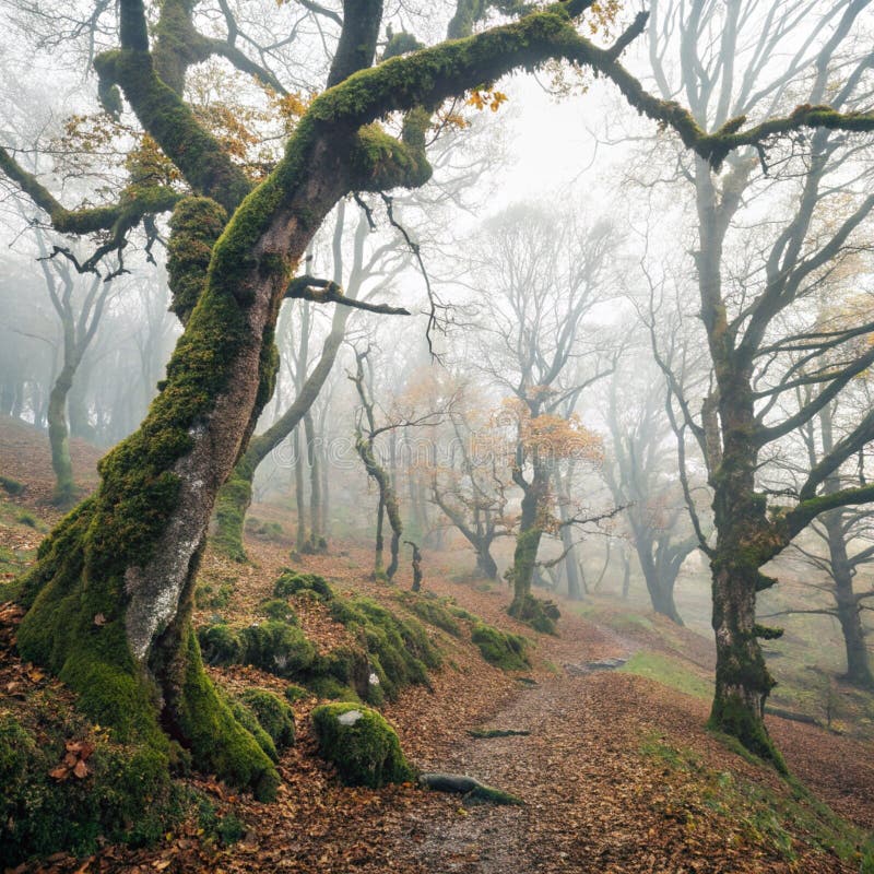 Spooky Misty Autumn Mossy Forest lizenzfreie abbildung