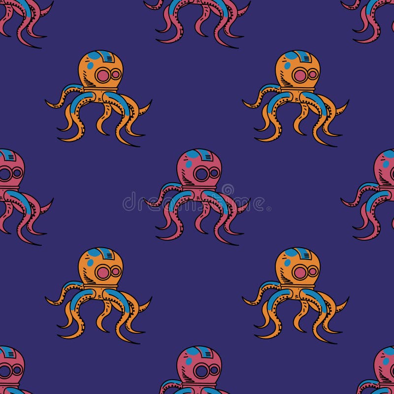 Spooky octupus robot seamless pattern