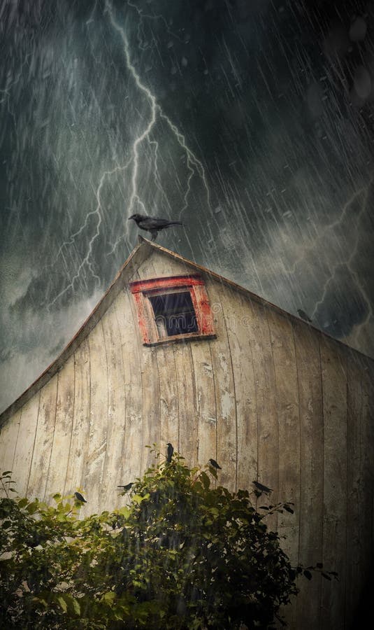 Spooky Old Barn With Crows On A Stormy Night Stock Image ...