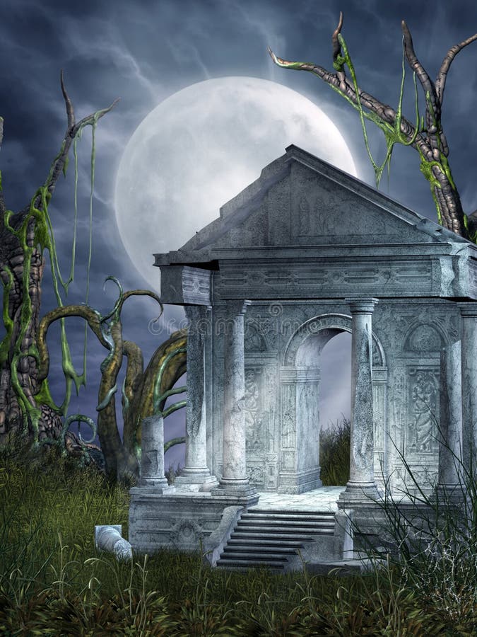 Night scenery with a fantasy shrine. Grass night sky background illustrations