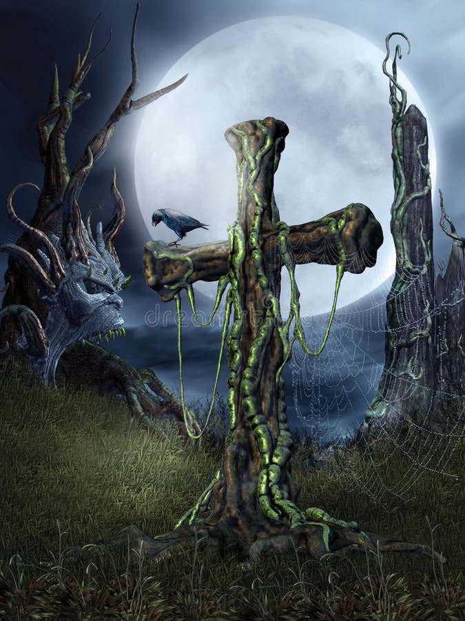 Night scenery with a spooky cross. Grass night sky background illustrations