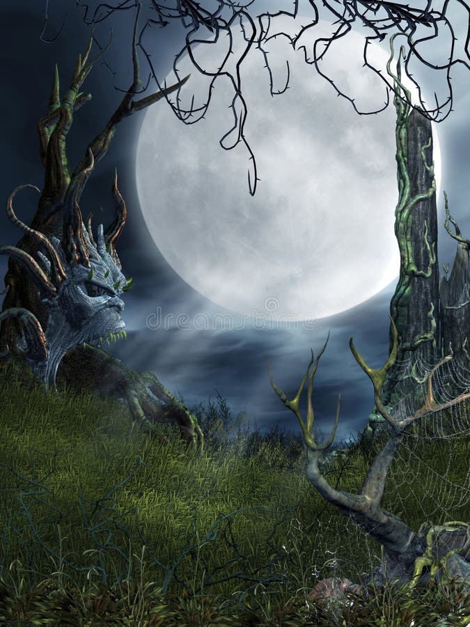 Spooky swamp with trees and thorns. Grass night sky background illustrations