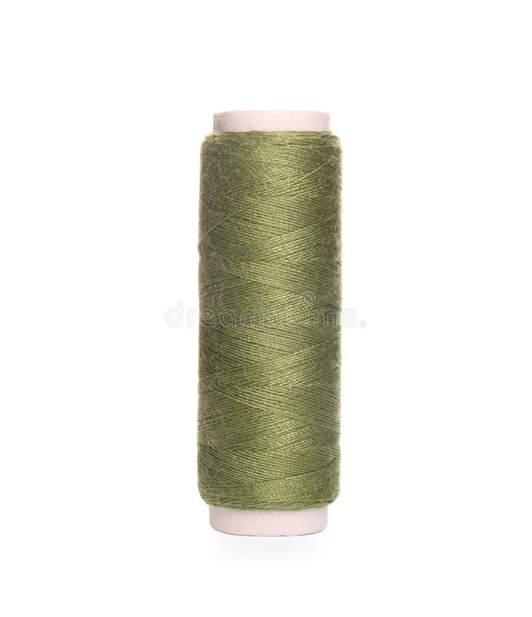 Spool of Olive Green Sewing Thread Isolated on White Stock Photo