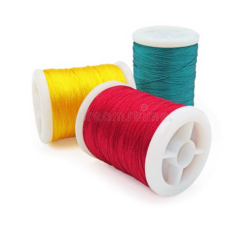 Spool of red green and yellow thread, Bobbins thread, Material of sewing tool, Isolated on white background