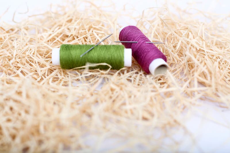 Spool of Two Sewing Thread with Needle Stock Photo Image of color