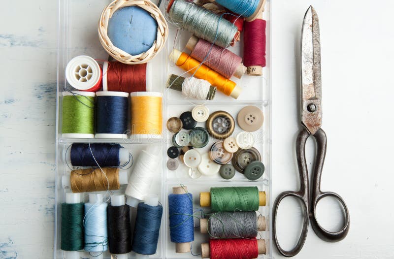 Spools of threads and old scissors