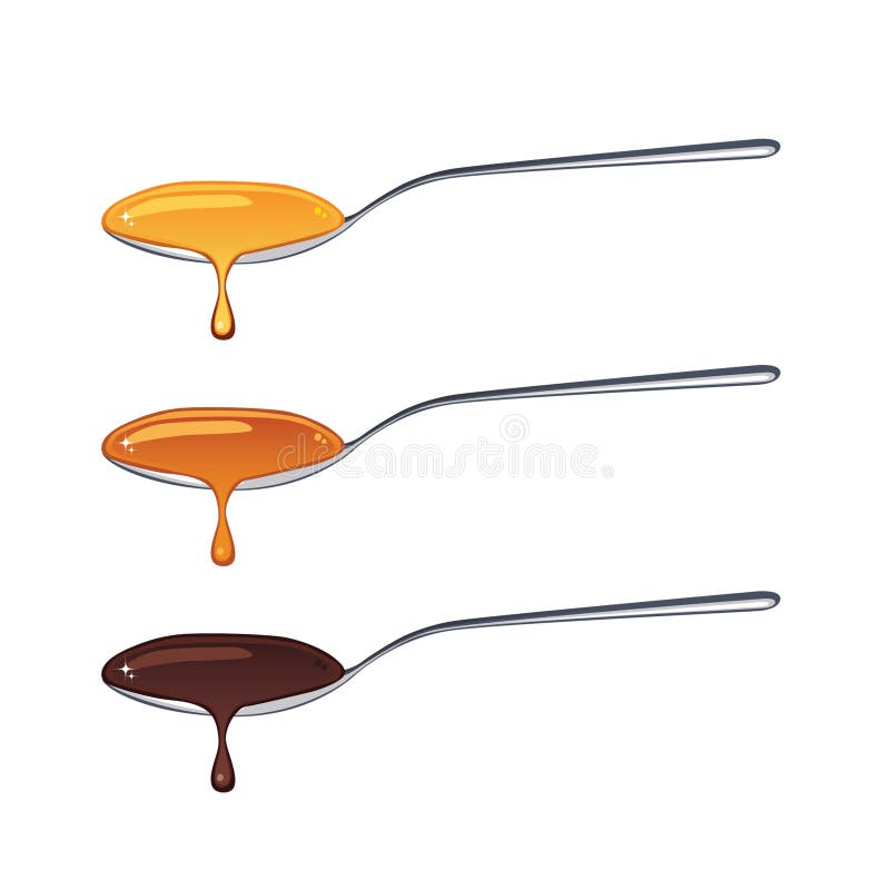 Honey,caramel Sauce and Chocolate Sauce in a Spoon on White Background