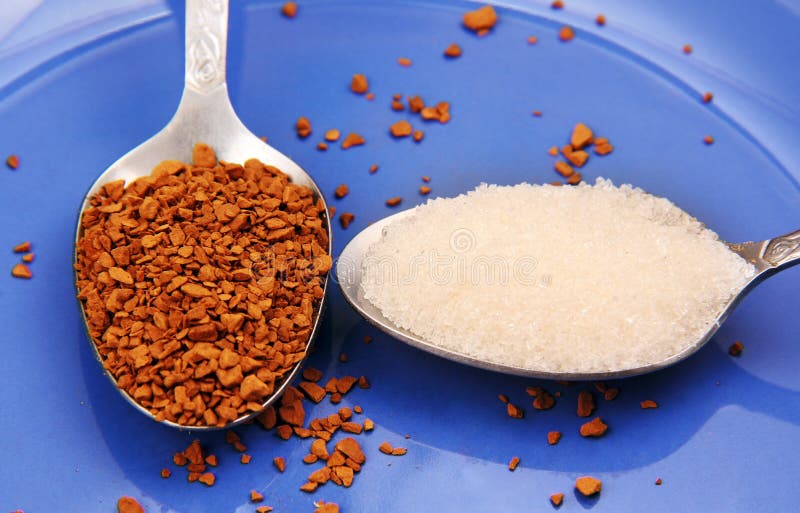 Spoon of Instant Coffee and Sugar. Stock Photo Image of cane, silver