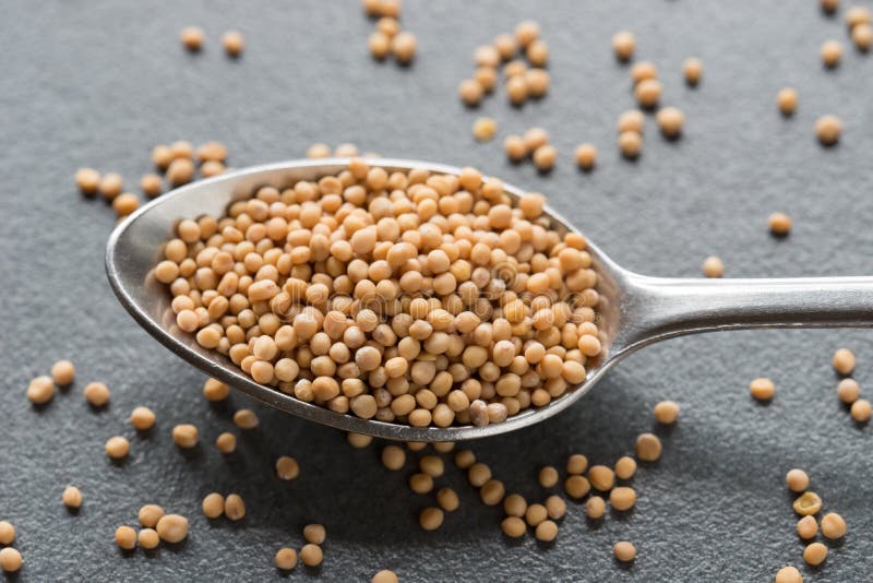 Yellow Mustard Seeds In A Teaspoon Stock Image Image of closeup