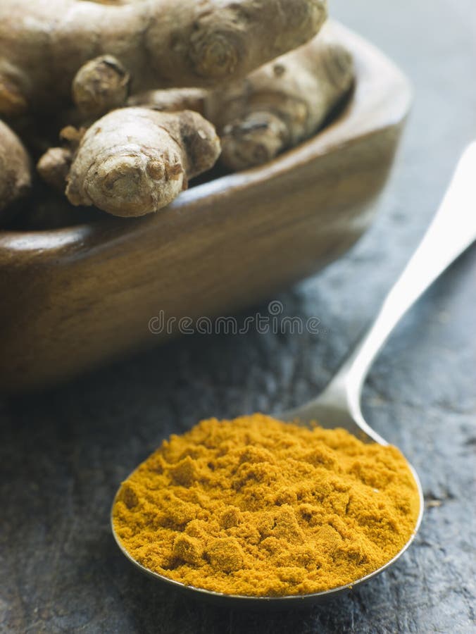 Spoon of Turmeric Powder with fresh Turmeric Root stock images
