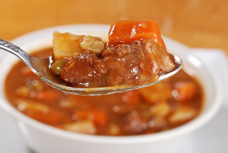 Macro spoonful of beef stew with bowl in the background. Macro spoonful of beef stew with bowl in the background
