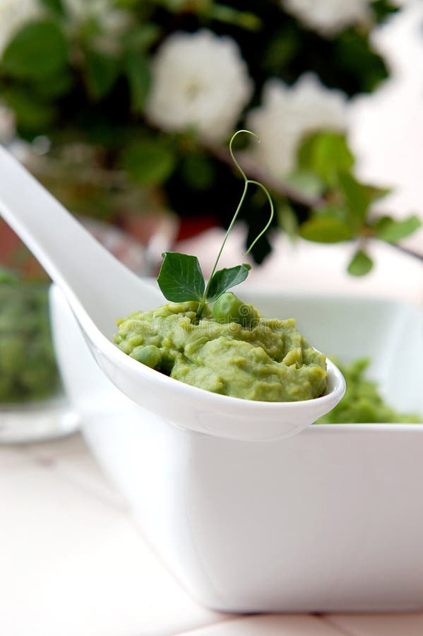 A green pea puree with a pea sprout in a white spoon. A green pea puree with a pea sprout in a white spoon.