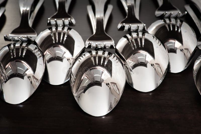 Spoons and Forks on Breakfast Table Stock Photo Image of object