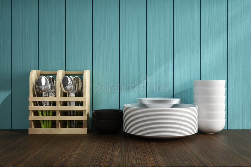 Spoons and White Dish on Wood Table of Kitchen Accessories Stock