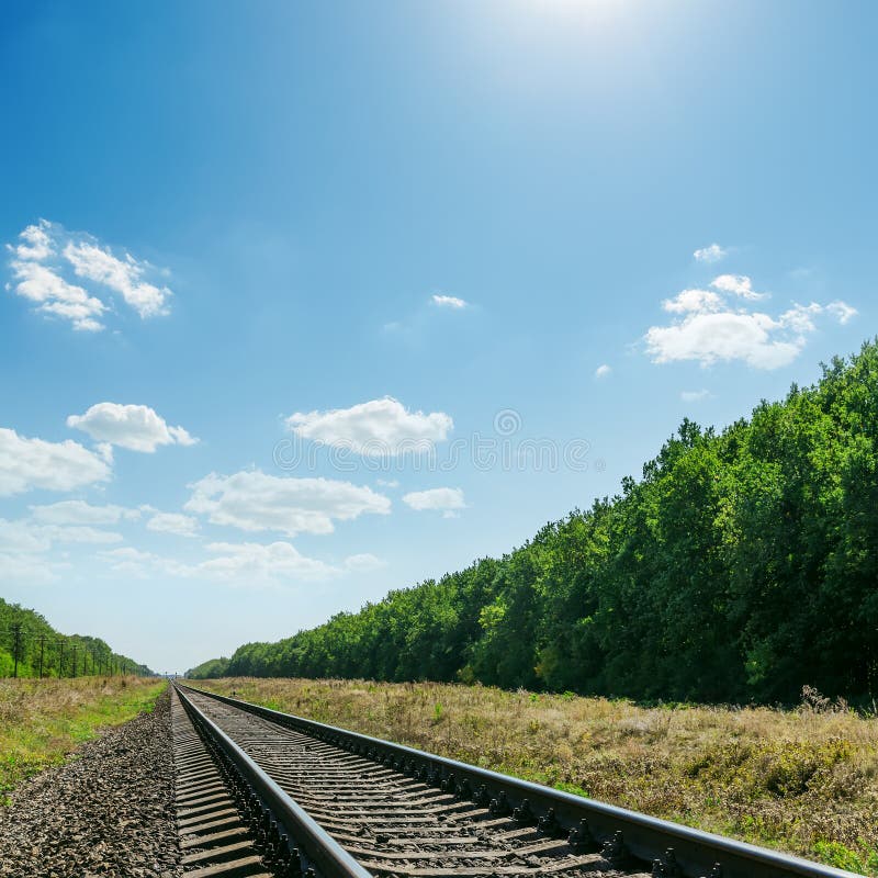 Spoorweg aan horizon in groen landschap en blauwe hemel met zon stock afbeelding Spoorweg aan horizon in groen landschap en blauwe hemel met zon stock afbeelding