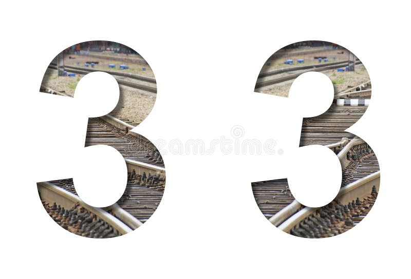 Railway font. The number three, 3 is cut out of white paper against the background of railroad rails, mirror background for convenience. Decorative industrial alphabet. Railway font. The number three, 3 is cut out of white paper against the background of railroad rails, mirror background for convenience. Decorative industrial alphabet.