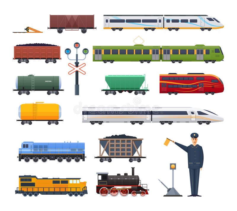 Spoorweglocomotief met diverse wagenspassagier, en lading vector illustratie Spoorweglocomotief met diverse wagenspassagier, en lading vector illustratie