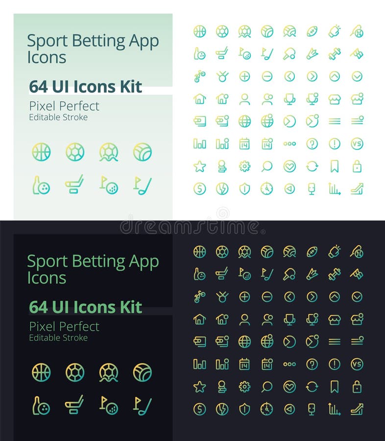 Sport betting app pixel perfect gradient linear ui icons for dark, light mode stock illustration