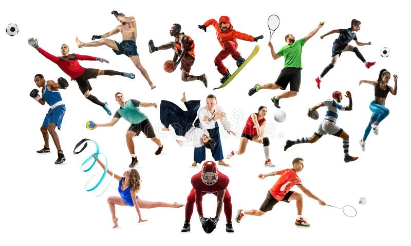 Sport collage. Tennis, running, badminton, soccer and american football, basketball, handball, volleyball, boxing, MMA fighter and rugby players. Fit women and men isolated on white background. Sport collage. Tennis, running, badminton, soccer and american football, basketball, handball, volleyball, boxing, MMA fighter and rugby players. Fit women and men isolated on white background