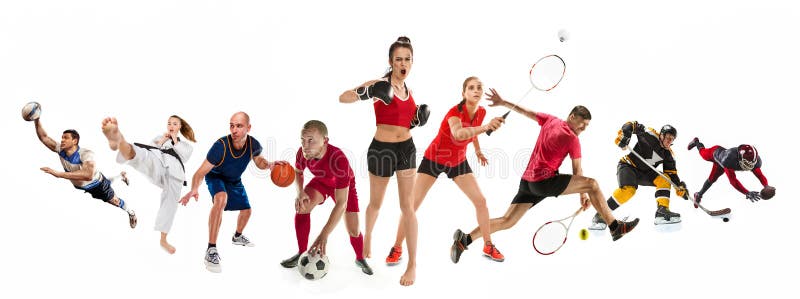 Sport collage about kickboxing, soccer, american football, basketball, ice hockey, badminton, taekwondo, tennis, rugby