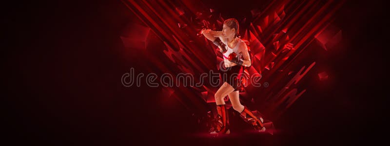 Sport collage with teen-girl, MMA fighter in action, motion isolated on dark background with neoned abstract elements