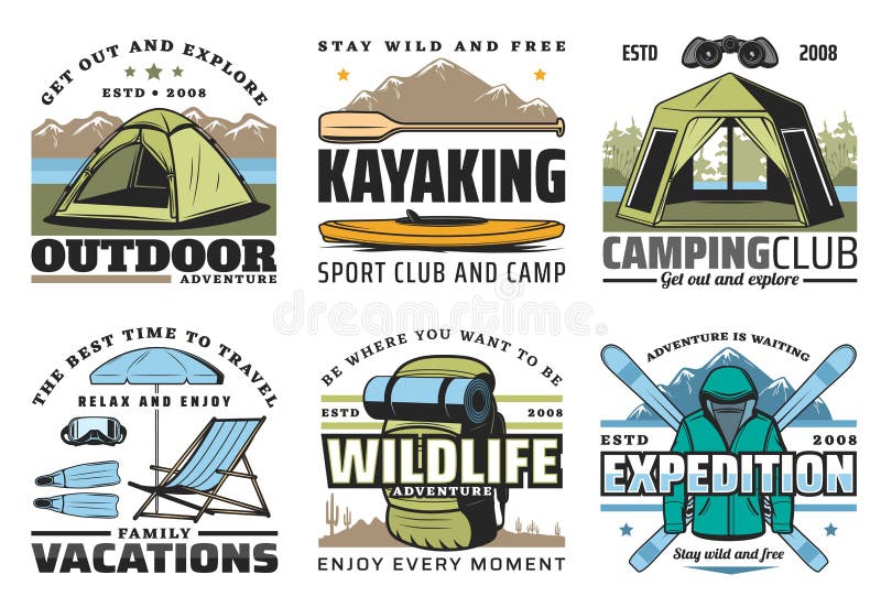 sport di kayak, campeggio, immersione e trekking