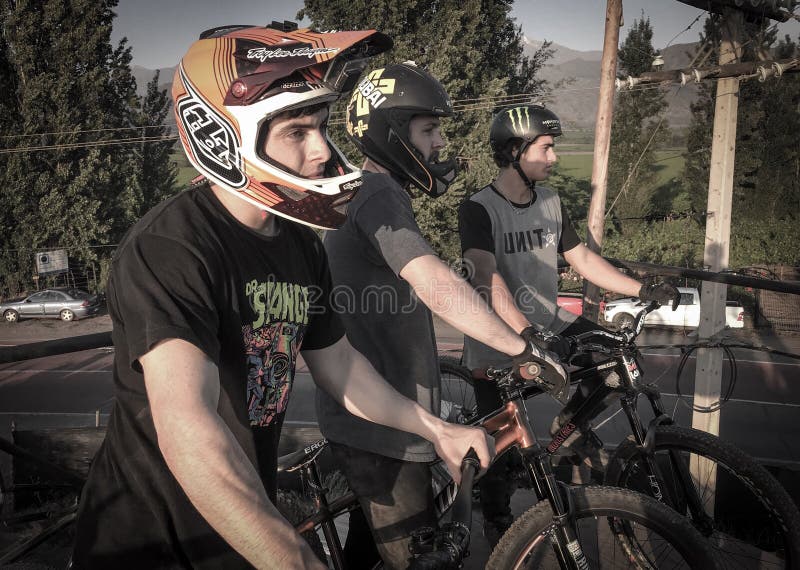 Slope Style Riders MTB about to drop in. royalty free stock images Slope Style Riders MTB about to drop in. royalty free stock images